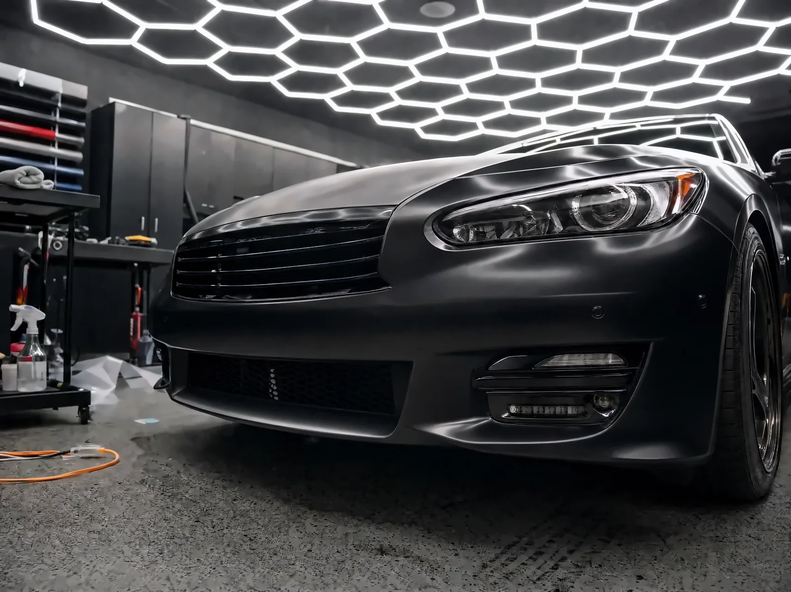 Black luxury sedan, Satin clear PPF, full front (studio illustration)