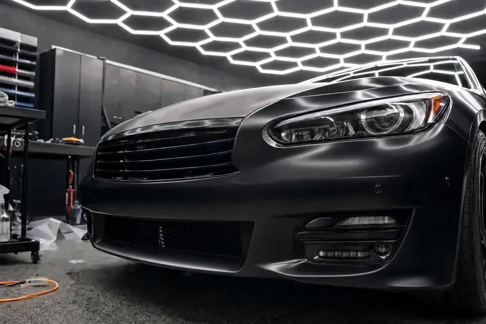 Black luxury sedan, Satin clear PPF, full front