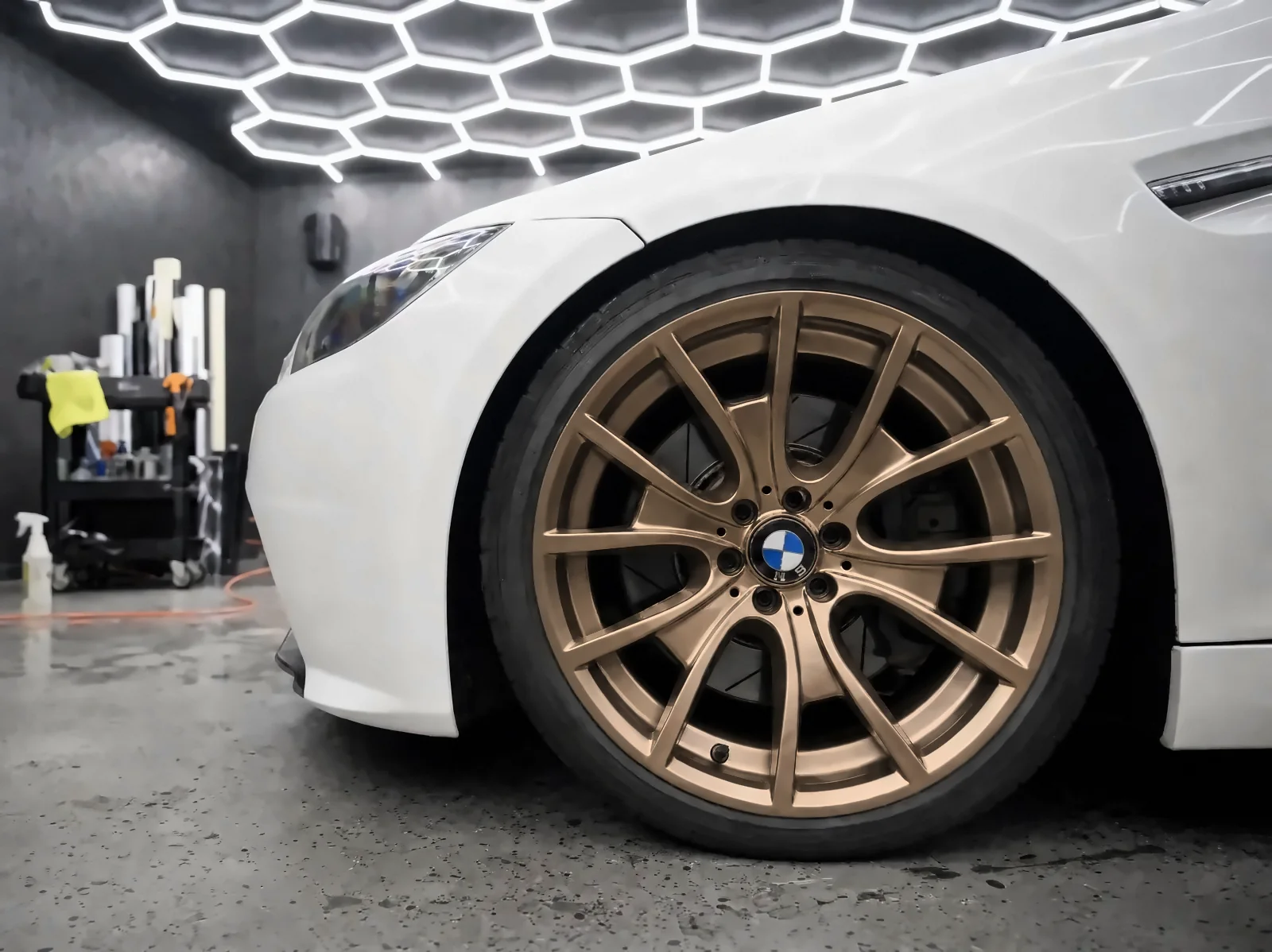 BMW White coupe, Wheels powder coated satin bronze (studio illustration)
