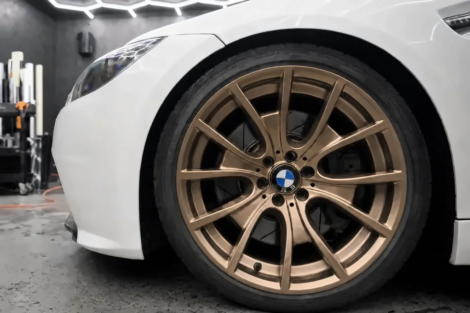 BMW White coupe, Wheels powder coated satin bronze