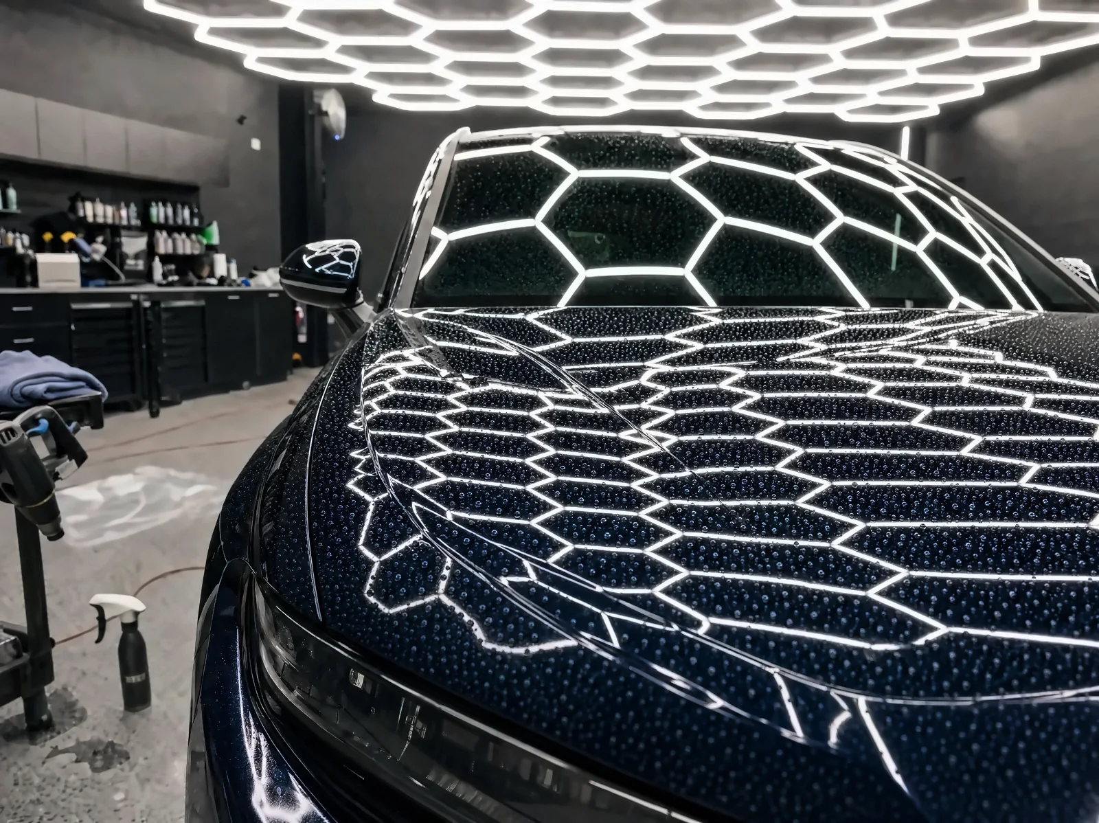 Navy sedan, Paint correction + ceramic coating (studio illustration)