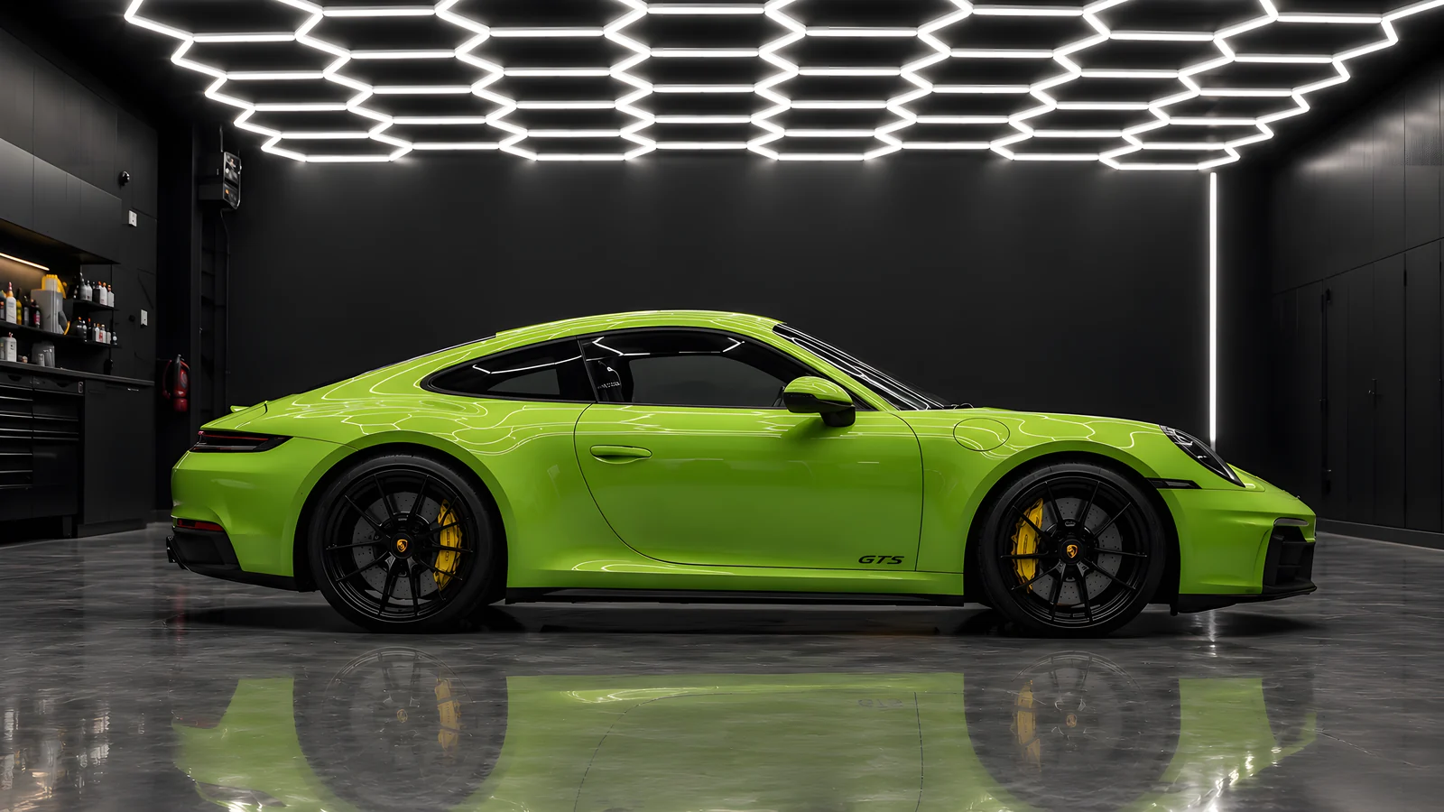 Porsche 911 GTS, Full wrap · Inozetek Super Gloss Signal Green (studio illustration)