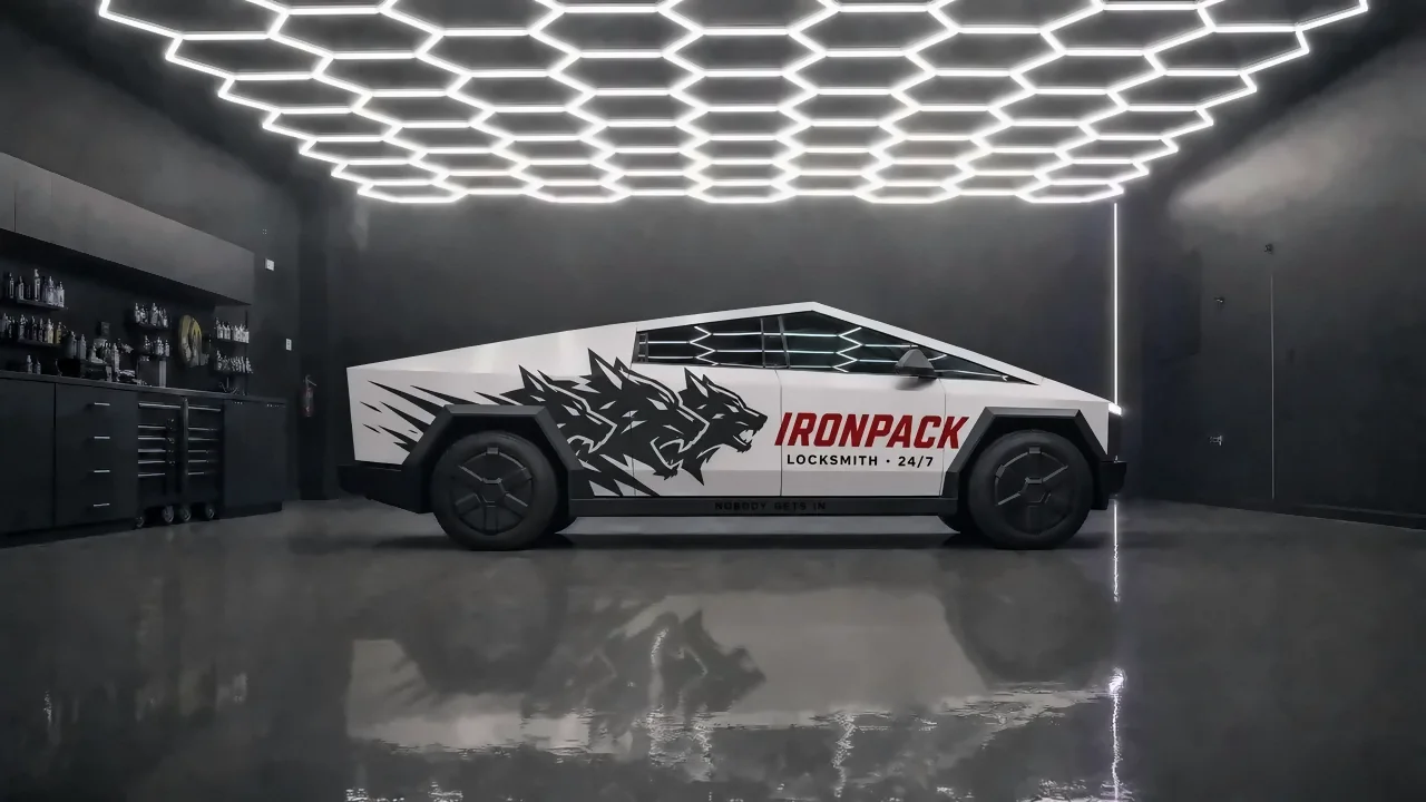 Cybertruck in satin pearl white with a black wolf-pack graphic and red IRONPACK lettering for a locksmith brand (design concept)