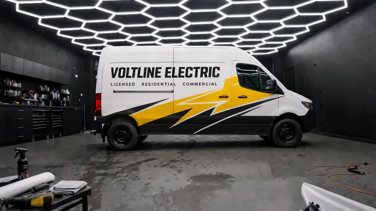 Electrician · high-roof cargo van wrapped for VOLTLINE ELECTRIC (design concept)