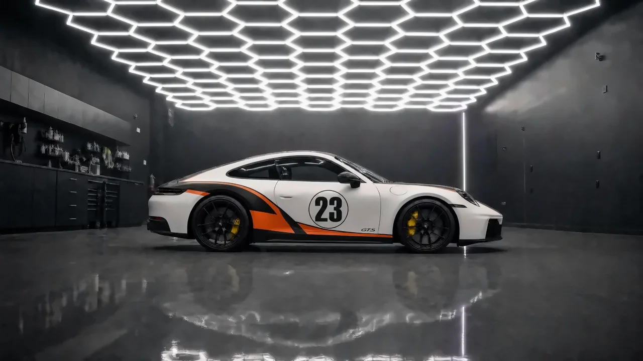 Porsche 911 · custom racing livery, satin white with black and orange stripes (studio illustration)