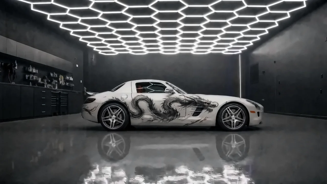 Mercedes SLS · printed ink-wash dragon art wrap, satin laminate (studio illustration)