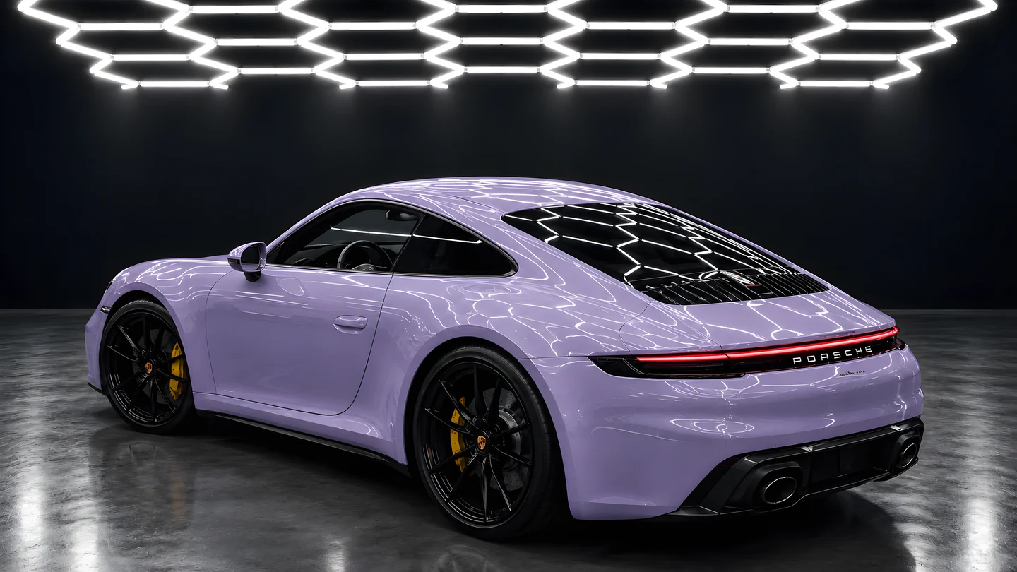 The same Porsche after a color-change wrap (studio illustration)