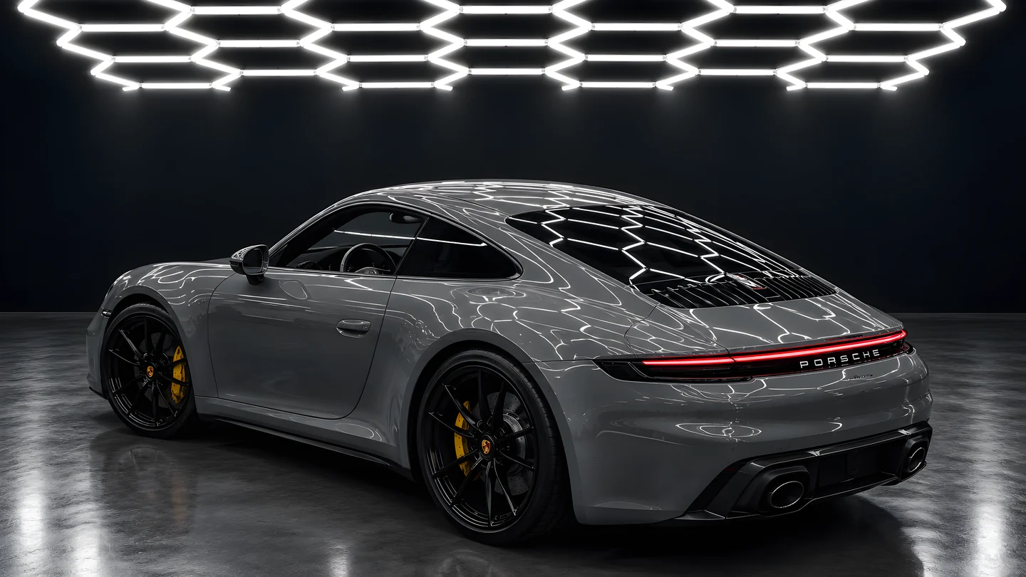 Porsche 911 GTS in factory grey under hexagon studio lights (studio illustration)
